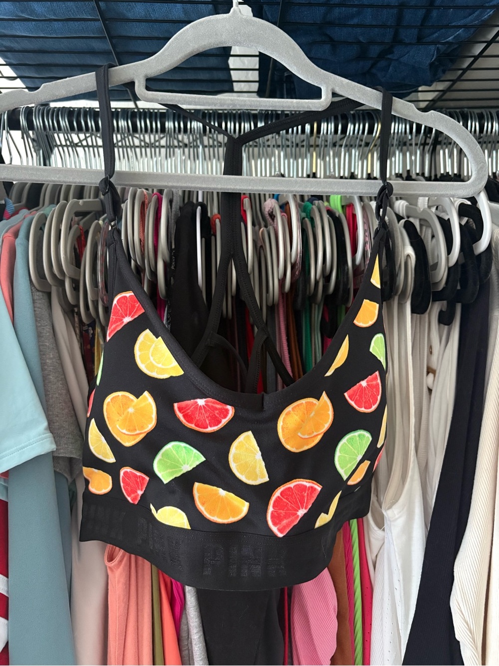 Citrus-Print Strappy Black Sport Bra